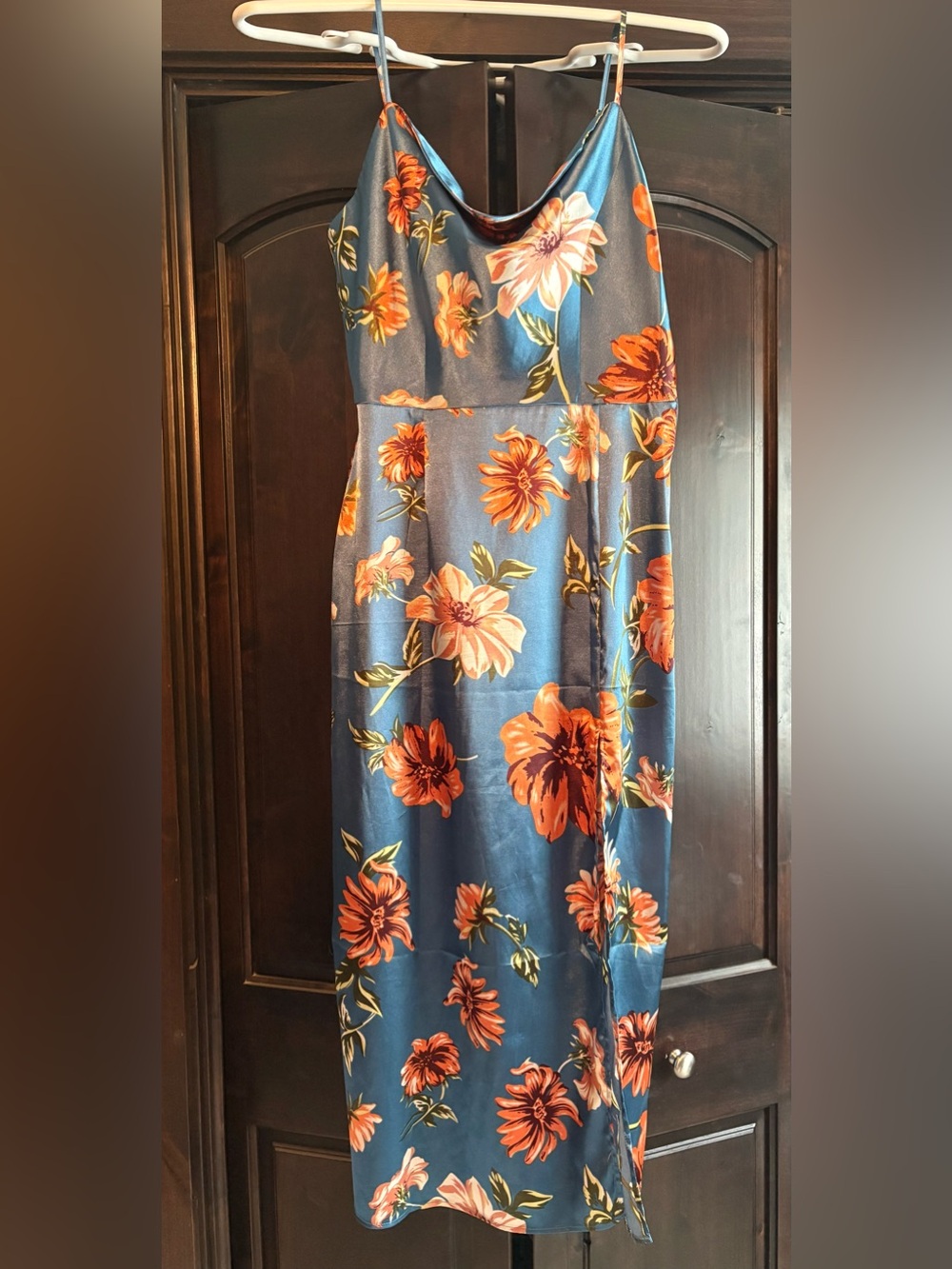 Blue Satin Floral Slip Dress with Orange Flowers